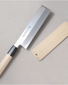 Japanese usuba knife with a rectangular, stainless-steel blade and a light wooden handle, shown beside a matching wooden sheath.