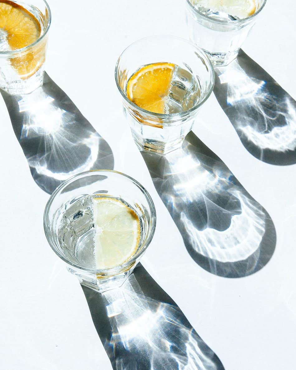 Glasses of sparkling water with lemon