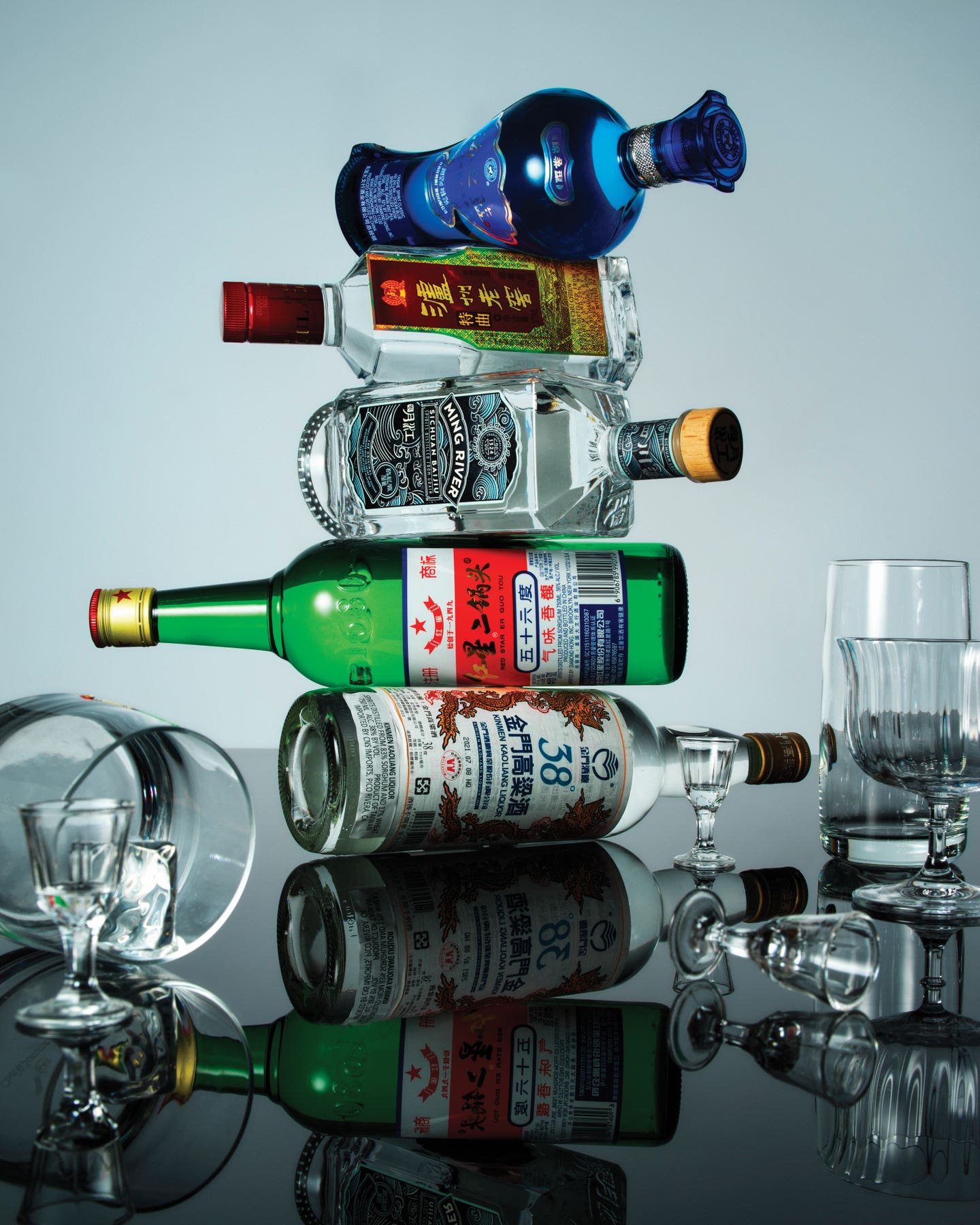 Baijiu, the World’s Most Popular Spirit, Is Coming for Your Cocktail Baijiu bottles: Yanghe Hai Zhi Lan, Luzhou Laojiao Tequ, Ming River, Red Star Erguotou, and Kinmen Kaoliang 38°